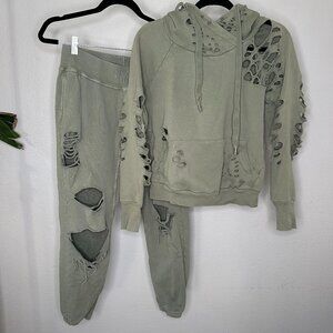NSF Sayde Distressed French Terry Sweatshirt + Sweatpants Set 'Army Green'
